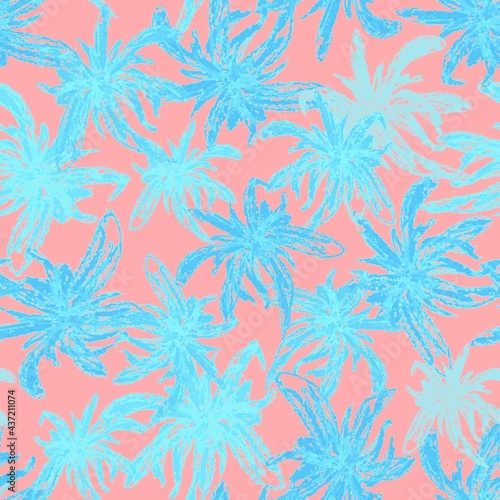Seamless pattern. Abstract blue, cyan flowers on a pink background. Endless botanical background. For fabrics, textiles, clothing, packaging.