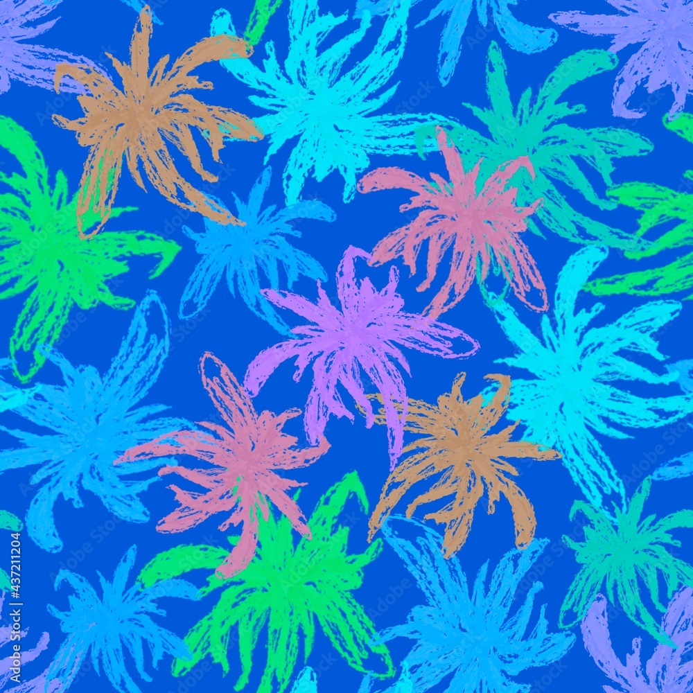 Seamless pattern. Abstract flowers on a blue background. Endless botanical background. For fabrics, textiles, clothing, packaging.