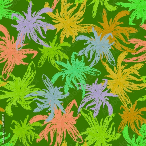 Seamless pattern. Abstract colorful flowers on a green background. Endless botanical background. For fabrics, textiles, clothing, packaging.