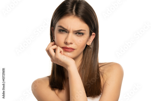 nervous woman looking with distrus