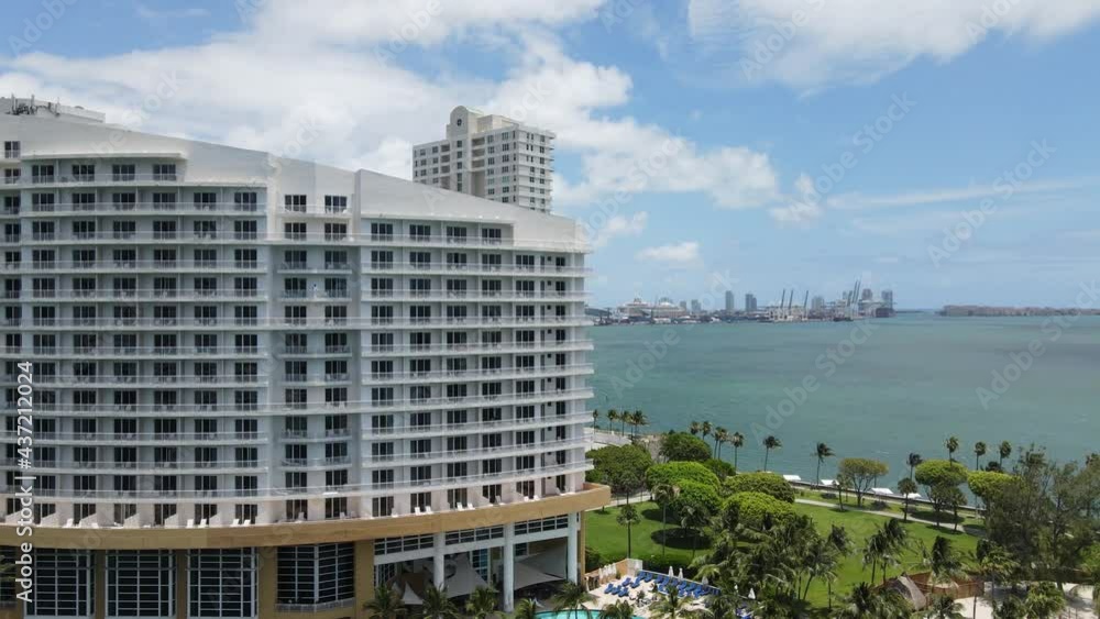 Aerial View, Brickell Key, Miami, Florida USA. Upscale Residential Neighborhood in Downtown, Bayfront and Skyscrapers Aerial View, Brickell Key, Miami, Florida USA. Upscale Residential Neighborhood in Downtown, Bayfront and Skyscrapers