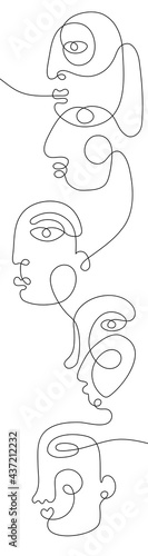 Group of people in a row looking in same direction. One line drawing abstract face. Modern single line art man and woman portrait. Ink painting, minimal  style. Vector illustration