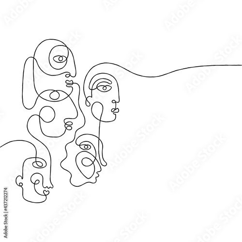 Group of people in a row looking in same direction. One line drawing abstract face. Modern single line art man and woman portrait. Ink painting, minimal  style. Vector illustration