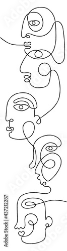Group of people in a row looking in same direction. One line drawing abstract face. Modern single line art man and woman portrait. Ink painting, minimal  style. Vector