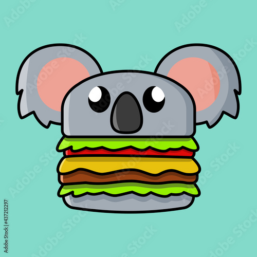 a complete burger with meat and vegetables with a cute koala animal bun. cartoon vector icon concept. Flat Cartoon Style