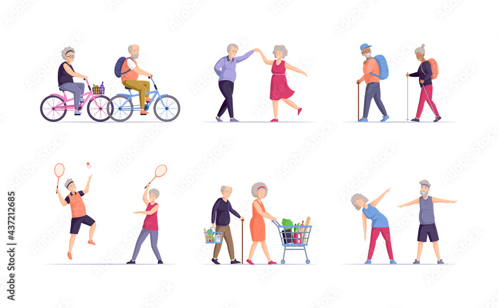 Set of diverse old people activity. Happy elderly man and woman healthy active lifestyle retiree for grandparents. Dancing, biking, hiking, tennis, shopping, doing fitness