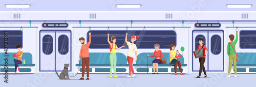 Crowd of people go by public transport metro. Passengers inside city bus subway train. Man woman children pet at train interior communicate, reading book.