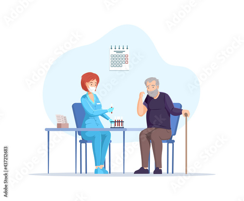 Female doctor taking blood test from an elderly man patient, and collects blood in test tube. Regular medical check up and old patient in hospital