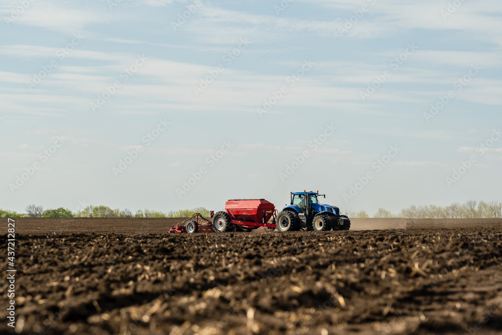 Fototapeta premium A tractor cultivating field at spring morning.