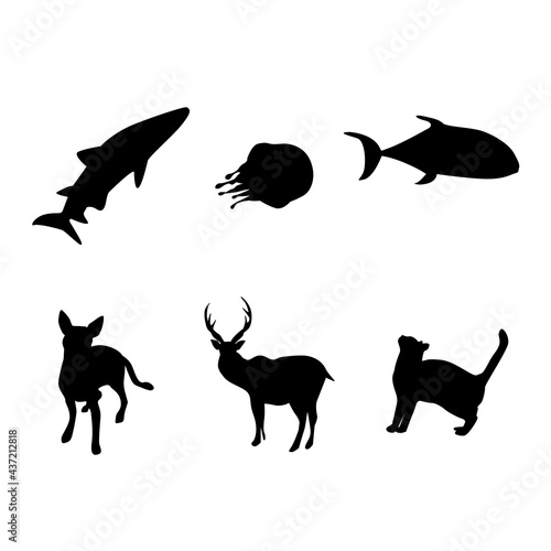 Full set of animal silhouette art  land and sea animals