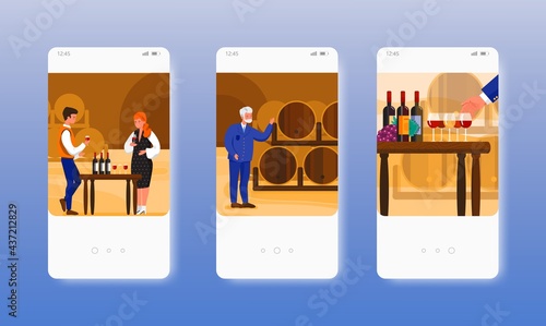 Wine tasting. Grape alcohol drink degustation. Mobile app screens, vector website banner template. UI, web site design.