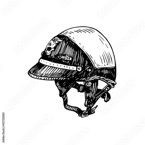 Police motorcycle helmet, gravure style ink drawing illustration isolated on white