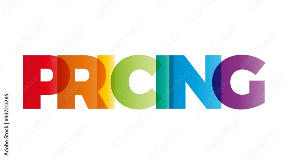 The word Pricing. Animated banner with the text colored rainbow. The word Pricing. Animated banner with the text colored rainbow.