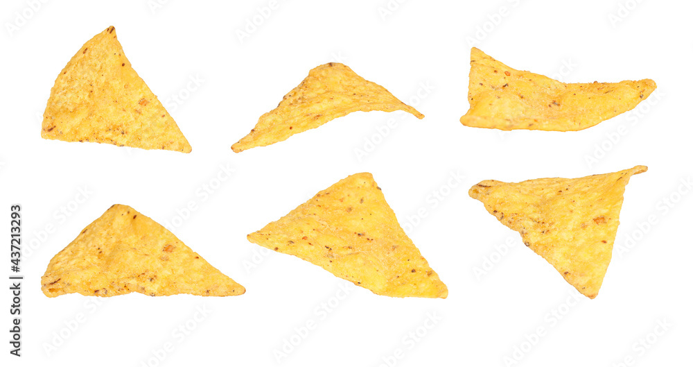 Set of cheesy tortilla chips isolated on white background. Spicy fried crisps Set of cheesy tortilla chips isolated on white background. Spicy fried crisps