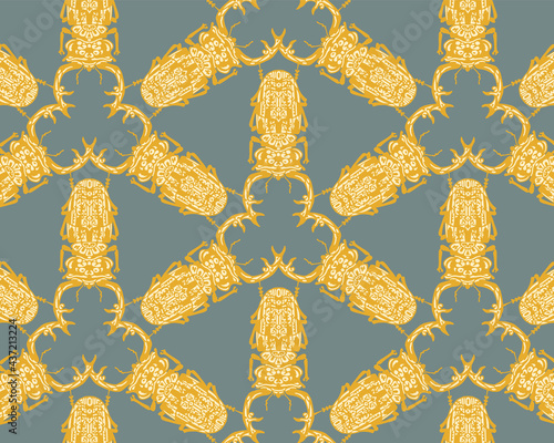 Seamless pattern with decorative illustrations of stag beetle insects on a green background in a mosaic repeat.