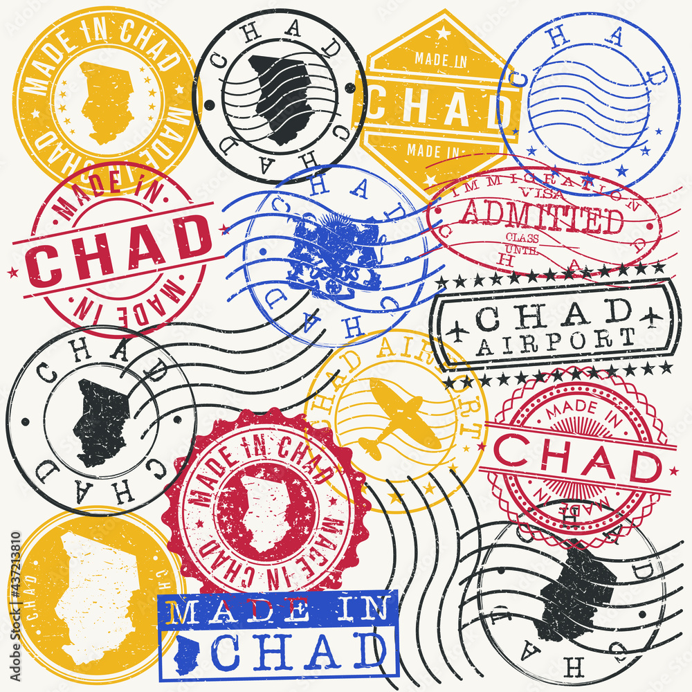 Chad Set of Stamps. Travel Passport Stamps. Made In Product Design Seals in Old Style Insignia. Icon Clip Art Vector Collection.