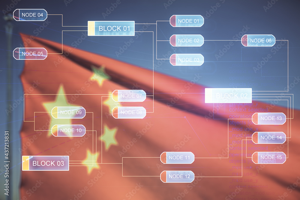 Multi exposure of abstract programming language hologram on flag of China and blue sky background, artificial intelligence and machine learning concept Multi exposure of abstract programming language hologram on flag of China and blue sky background, artificial intelligence and machine learning concept