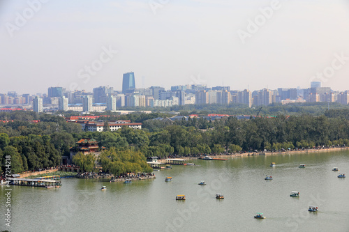 Beijing Summer Palace and modern urban landscape in the distance  China