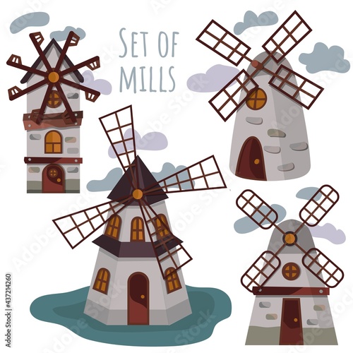 A set of mills. Vector illustration of old mills. Windmill icons set in cartoon style. Wooden buildings. Wheat and flour.