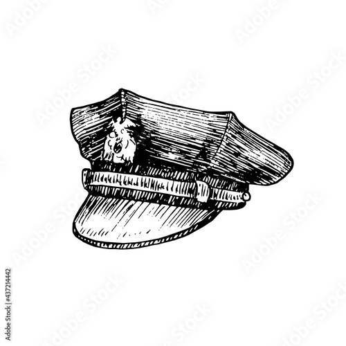 Vintage US American police officer 8 point visor hat (cap),  gravure style ink drawing illustration isolated on white