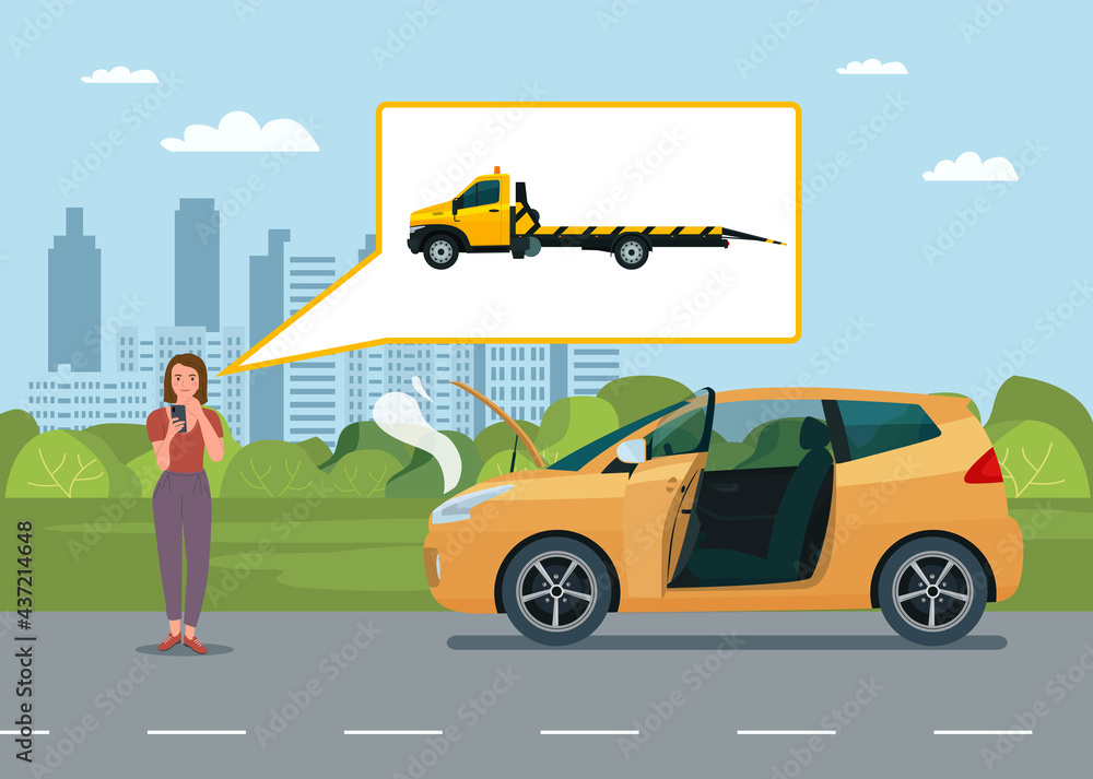 Naklejka premium A woman calls a tow truck near a broken car. Vector illustration.