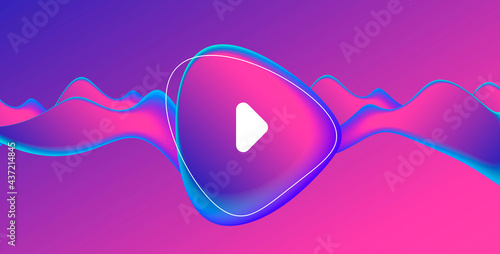 Music album or single cover with abstract fluid amorphic shape in fluorescent blue and pink gradient with play button photo