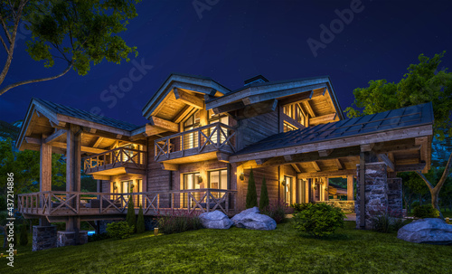 3d rendering of modern cozy chalet with pool and parking for sale or rent. Massive timber beams columns. Beautiful forest mountains on background. Clear summer night with many stars on the sky.