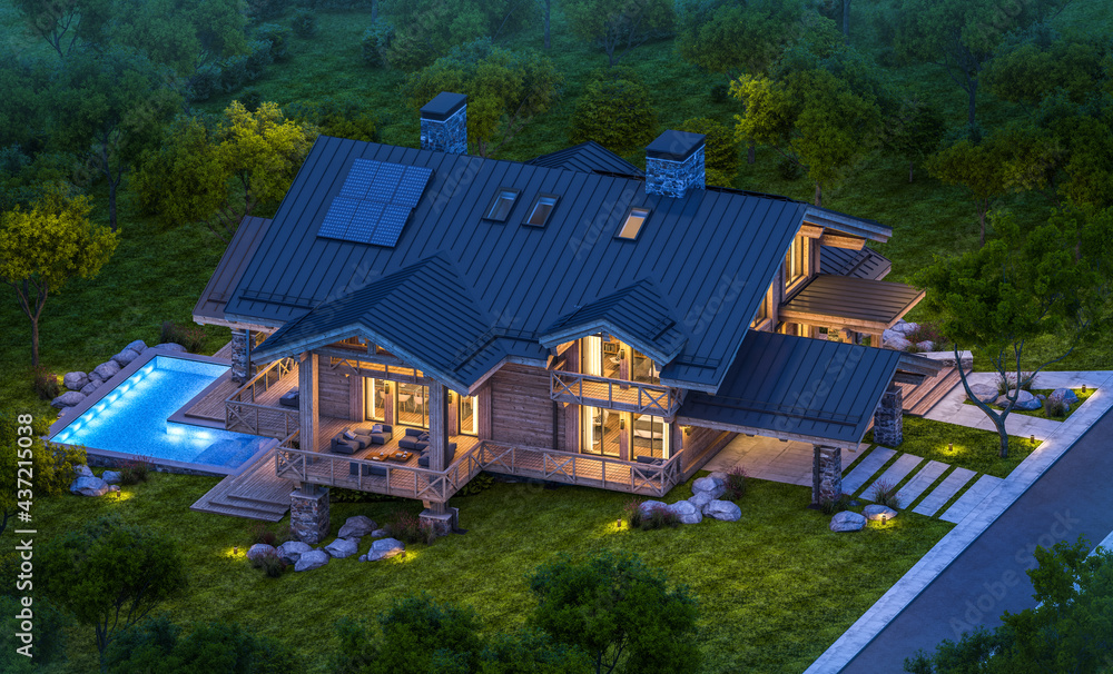 3d rendering of modern cozy chalet with pool and parking for sale or rent. Massive timber beams columns. Beautiful forest mountains on background. Clear summer night with many stars on the sky. 3d rendering of modern cozy chalet with pool and parking for sale or rent. Massive timber beams columns. Beautiful forest mountains on background. Clear summer night with many stars on the sky.