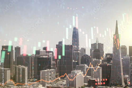 Abstract creative financial graph and world map on San Francisco cityscape background, financial and trading concept. Multiexposure