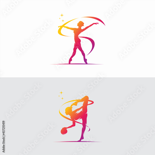 Young gymnast woman dance with ribbon logo