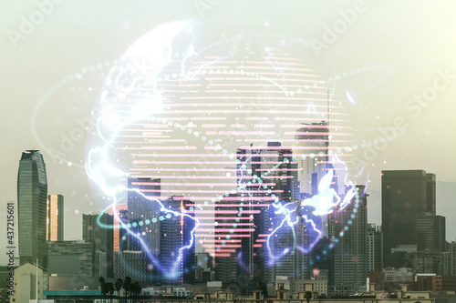 Double exposure of abstract digital world map hologram with connections on Los Angeles office buildings background, big data and blockchain concept