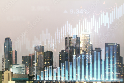 Double exposure of abstract creative financial chart hologram on Los Angeles skyscrapers background  research and strategy concept