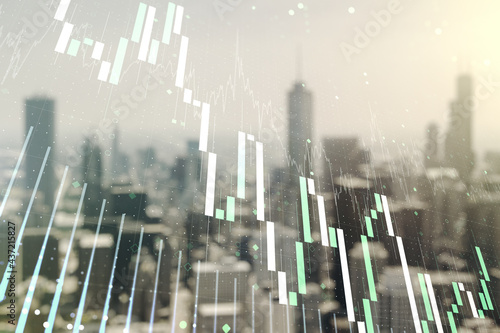 Abstract virtual financial graph hologram on blurry skyline background, forex and investment concept. Multiexposure