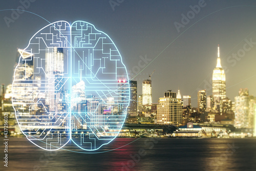 Double exposure of creative human brain microcircuit hologram on Manhattan office buildings background. Future technology and AI concept