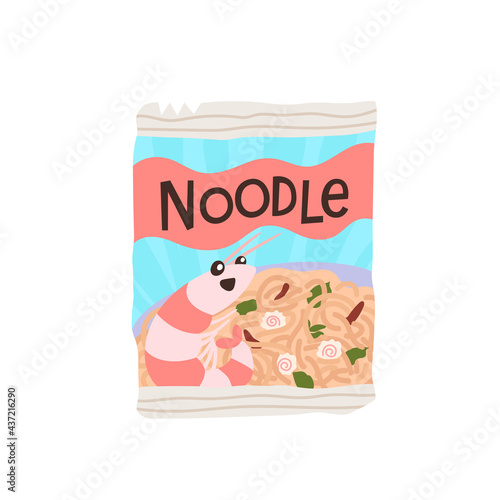 Oriental style instant noodles or ramen with shrimp flavor. Flat vector illustration isolated on white background.