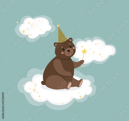 Cute baby bear on cloud. Illustration of animal for a nursery, a character for children.
