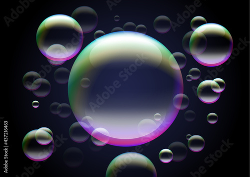 Transparent holographic bubbles on black background for hygiene themed poster or frame.