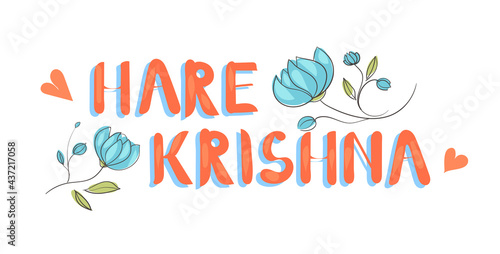 red Hare Krishna lettering with blue flowers and curls
