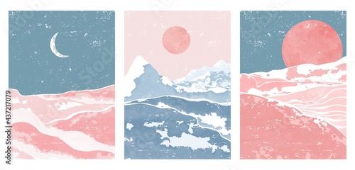 set of Mid century modern minimalist art print. Abstract mountain contemporary aesthetic backgrounds landscapes. vector illustrations