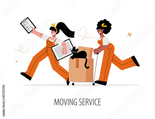 Relocation or moving service quickly and efficiently.Two female workers carry boxes and furniture. Vector illustration.