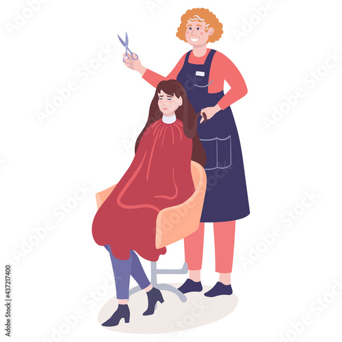 Woman hairdresser is haircutting girl client, who sitting in chair