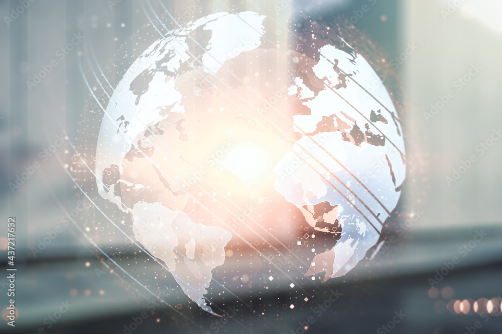 Multi exposure of abstract graphic world map on blurry contemporary office building background, big data and networking concept Multi exposure of abstract graphic world map on blurry contemporary office building background, big data and networking concept