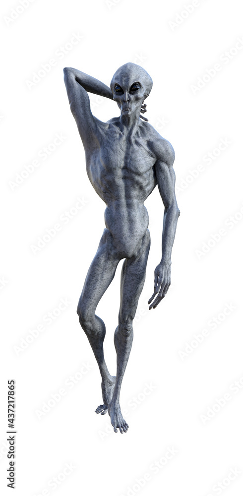 Illustration of a grey alien with a toned muscular body looking into the distance with a hand behind his neck.
