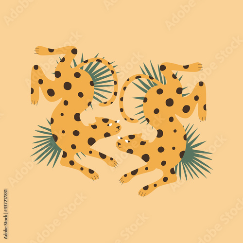 Cute jaguars and palm leaves. Tattoo sketch. Wild animals vector illustration. 