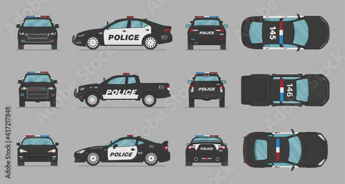 American police cars. Side view, front view, back view, top view. Cartoon flat illustration, auto for graphic and web