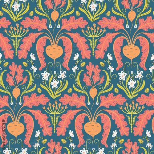 bright seamless pattern with beets, vegetable Damascus