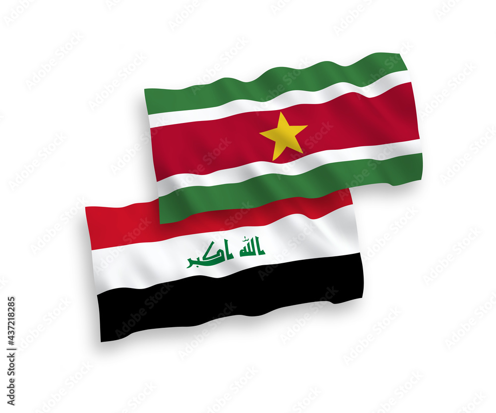 Flags of Republic of Suriname and Iraq on a white background Flags of Republic of Suriname and Iraq on a white background