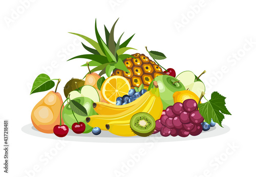 Fototapeta Naklejka Na Ścianę i Meble -  Summer healthy fruit food cartoon icons. Bright beautiful banner with colorful different fruits. Vector illustration
