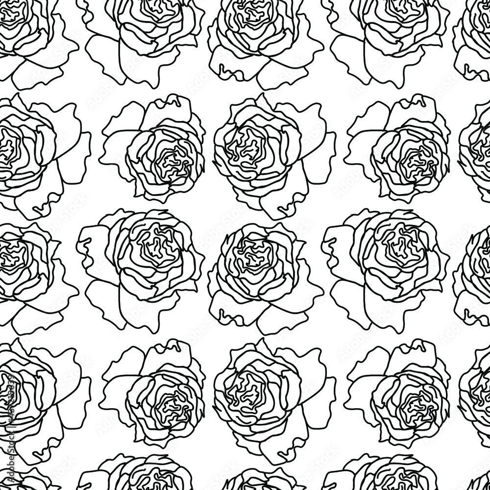 Vector seamless pattern in black and white with roses.Botanical print in doodle style hand drawn on white isolated background. Designs for textiles, wallpaper, social media, packaging.