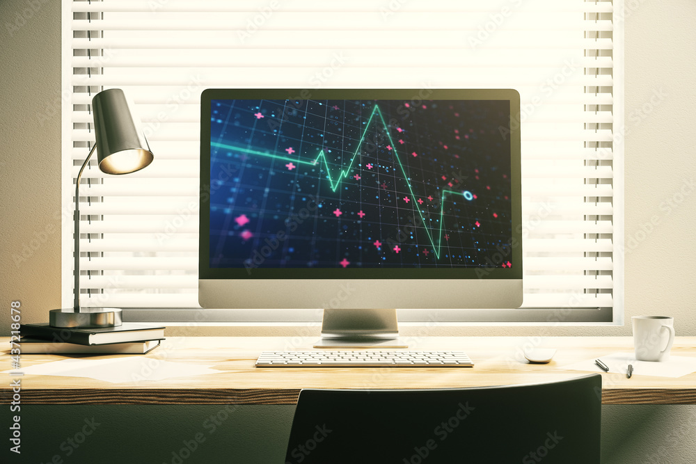 Creative concept of heart pulse illustration on modern laptop screen. Medicine and healthcare concept. 3D Rendering Creative concept of heart pulse illustration on modern laptop screen. Medicine and healthcare concept. 3D Rendering